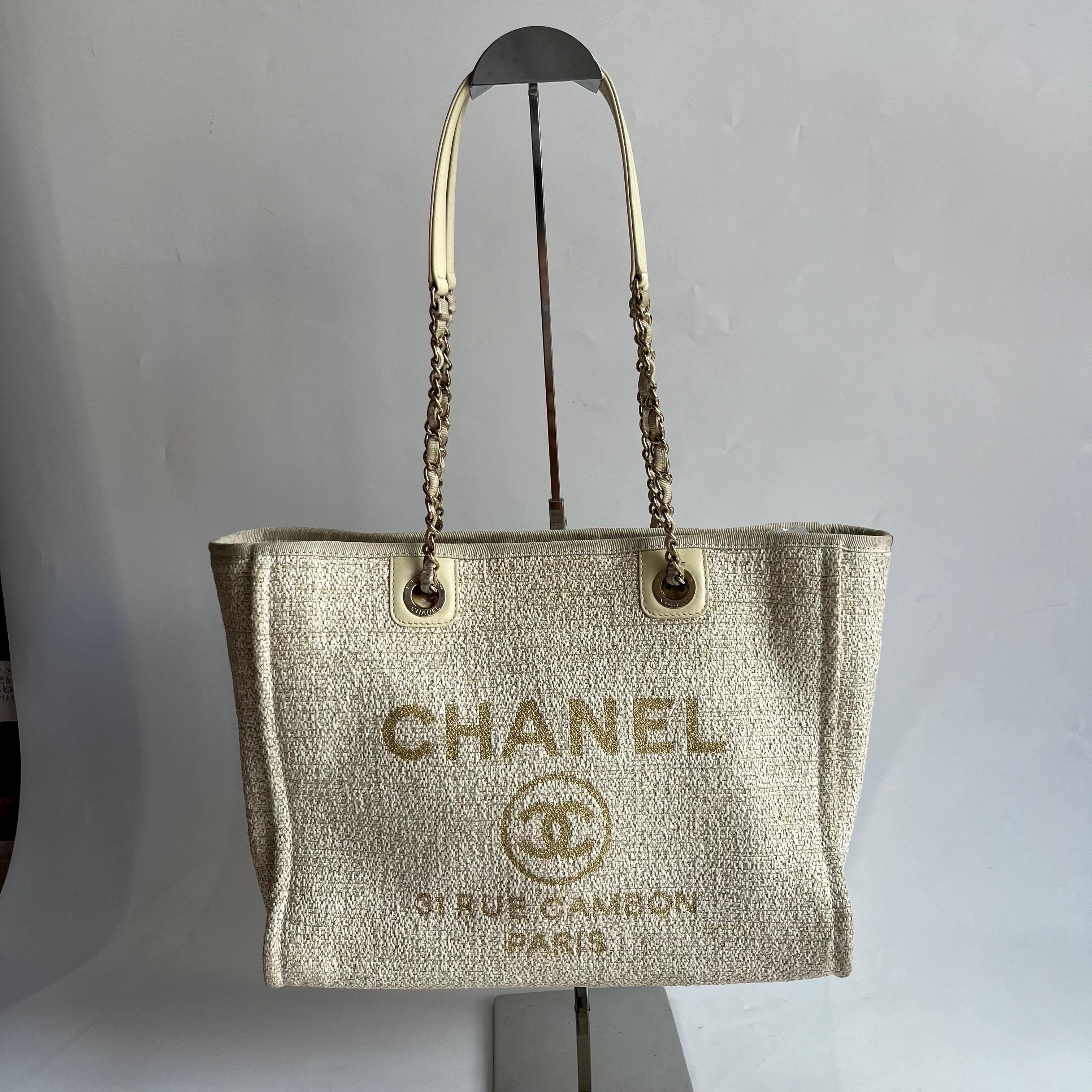 Chanel Deauville Tote Gold Beige Cloth Leather Chain Strap Small 34cm For Sale