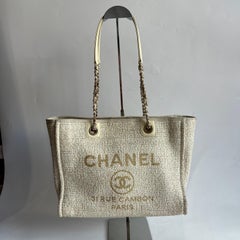 Chanel Deauville Tote Gold Beige Cloth Leather Chain Strap Small 34cm