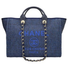 Used CHANEL Deauville Tote Large Navy Canvas with Light Gold Hardware 2018