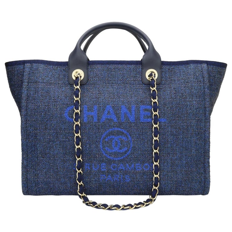 CHANEL Deauville Tote Large Navy Canvas with Light Gold Hardware 2018 ...
