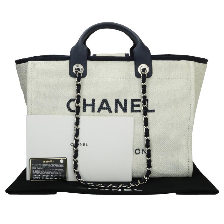 CHANEL Deauville Tote Large Navy Canvas with Silver Hardware 2018 at