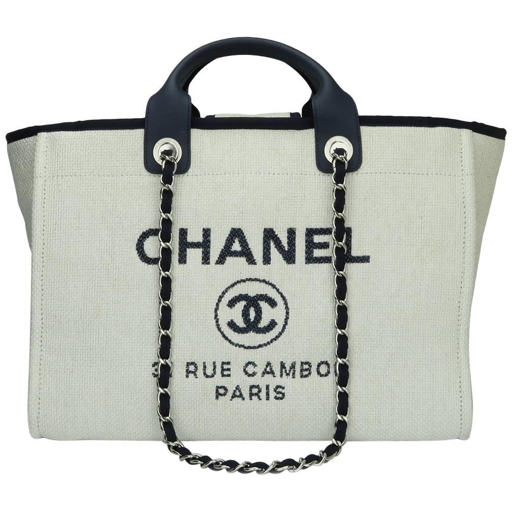 CHANEL Deauville Tote Large Navy Canvas with Silver Hardware 2018