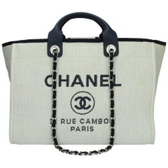 Used CHANEL Deauville Tote Large Navy Canvas with Silver Hardware 2018