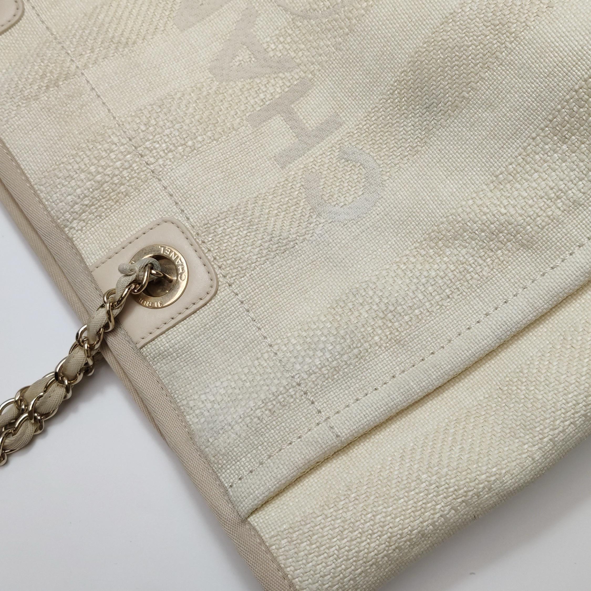 Chanel Deauville Tote Light Beige Stripes Cloth Leather Chain Handle Small 34cm 7