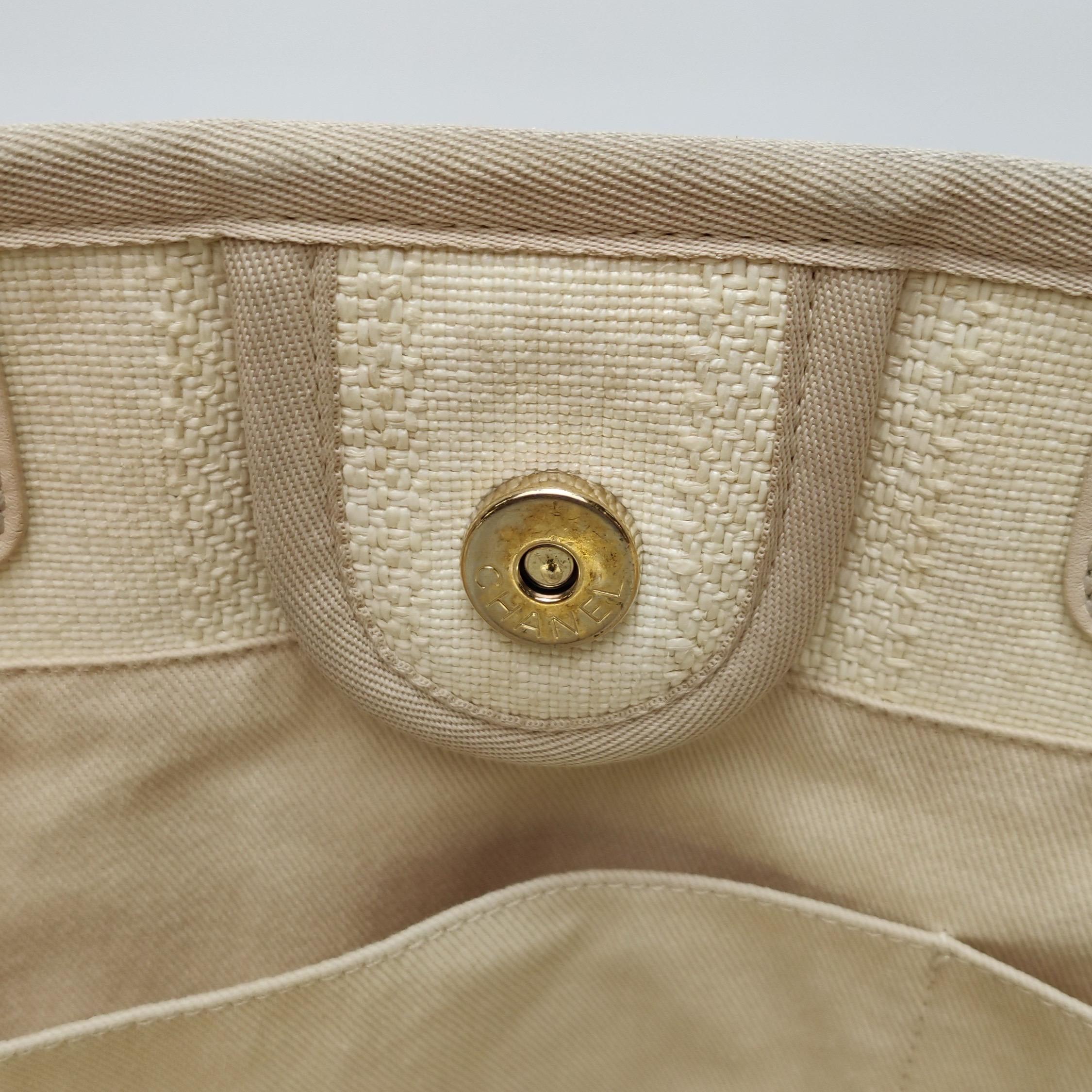 Chanel Deauville Tote Light Beige Stripes Cloth Leather Chain Handle Small 34cm 8
