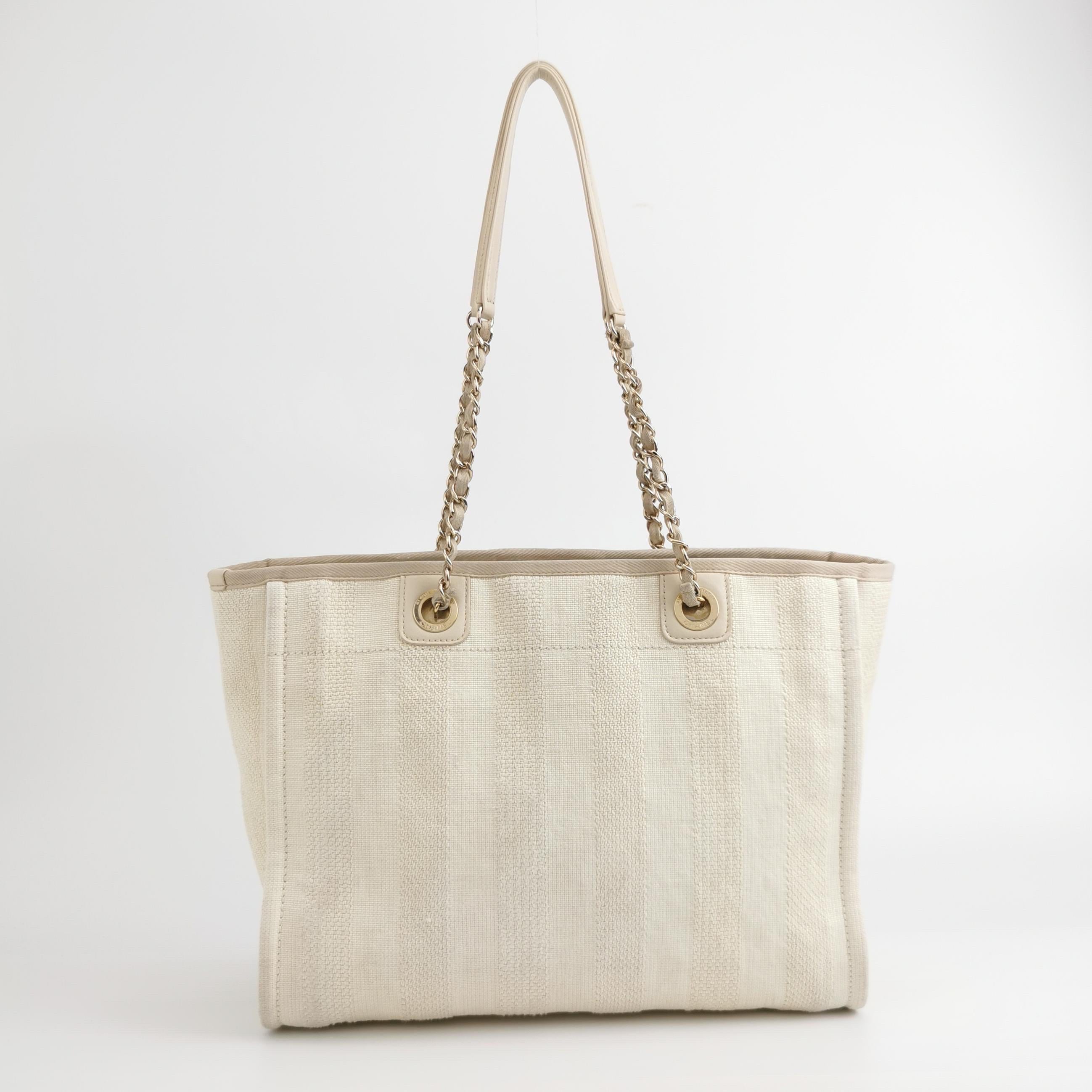 Women's Chanel Deauville Tote Light Beige Stripes Cloth Leather Chain Handle Small 34cm
