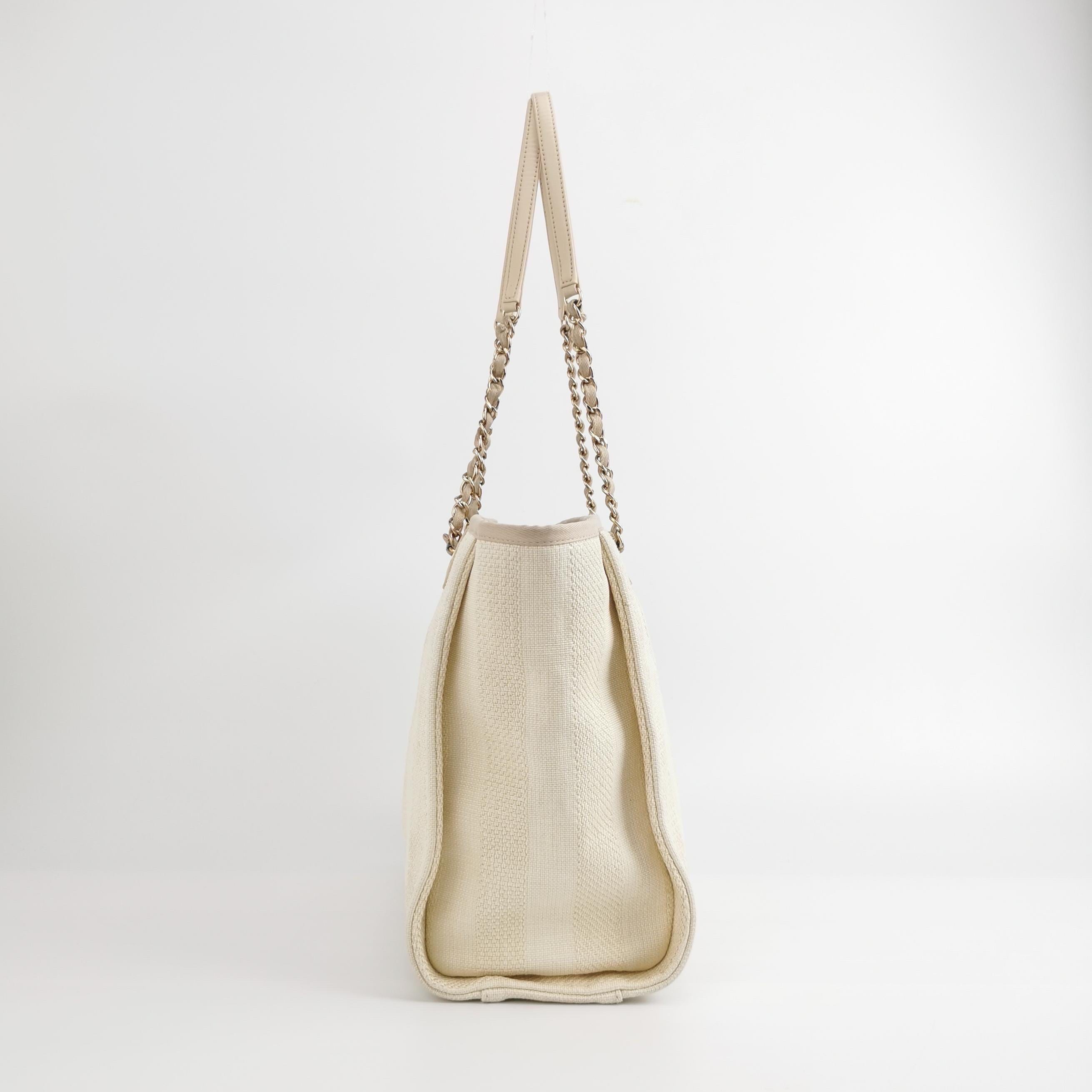 Chanel Deauville Tote Light Beige Stripes Cloth Leather Chain Handle Small 34cm 1