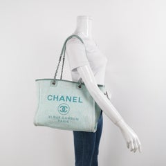 Chanel Deauville Tote Light Blue Cloth Leather Chain Handle