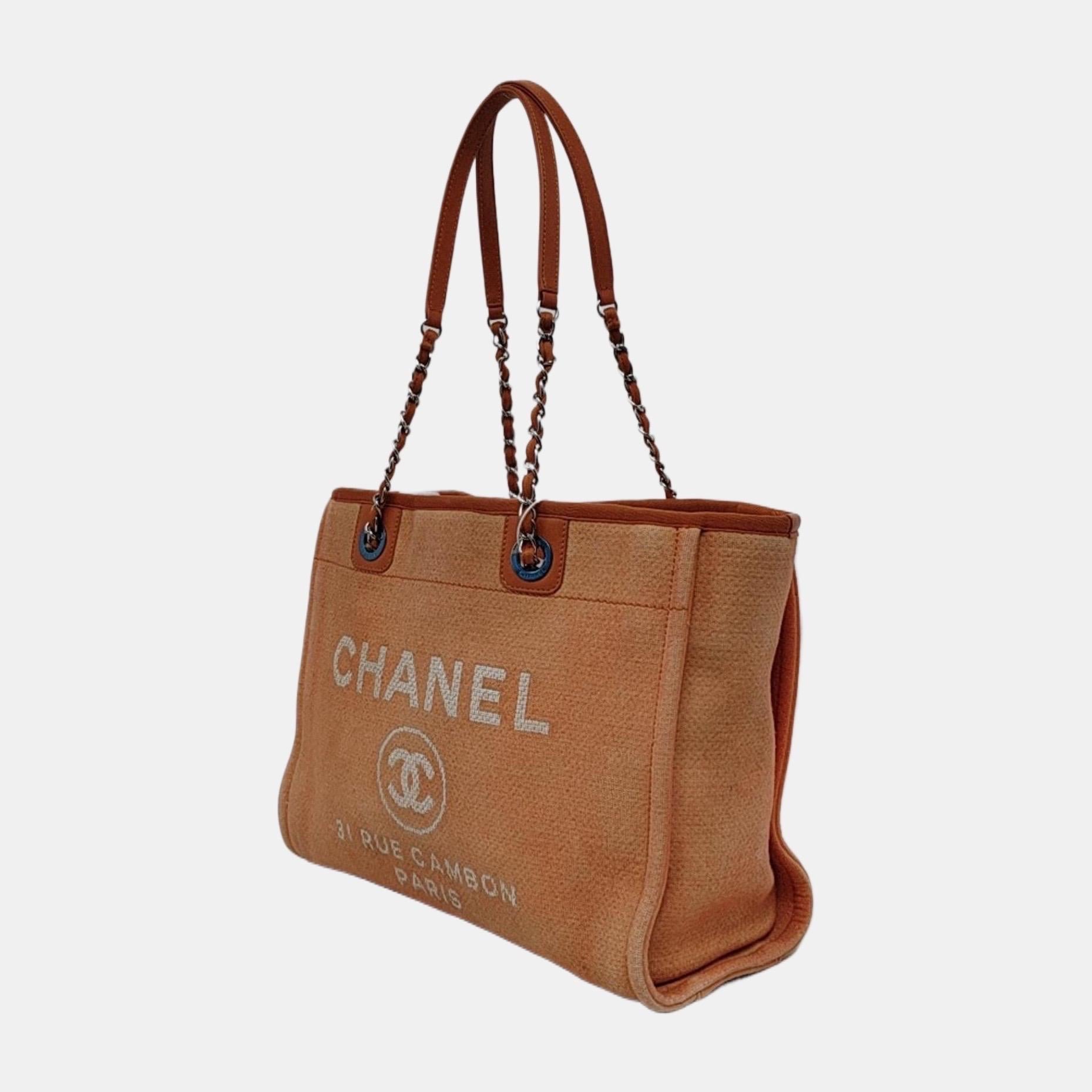 Chanel Deauville Tote Light Orange Denim Leather Trim Small 32cm For Sale 1