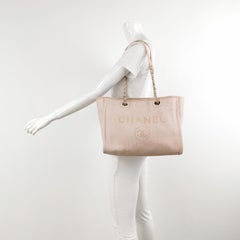 Chanel Deauville Tote Light Pink Cloth Leather Chain Strap Small 34cm