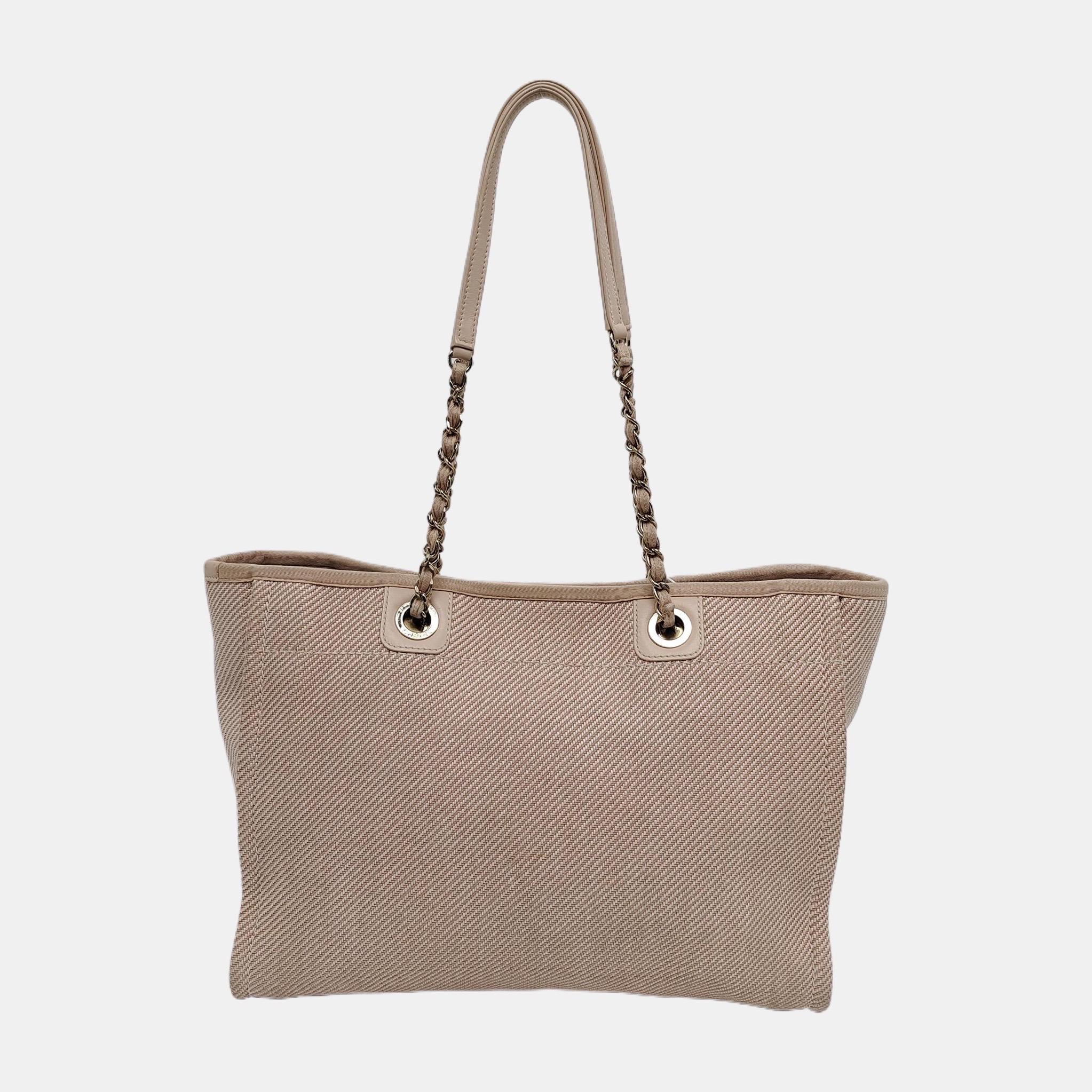 Chanel Deauville Tote Light Pink Cloth Leather Chain Strap Small 34cm In Good Condition In AUBERVILLIERS, FR