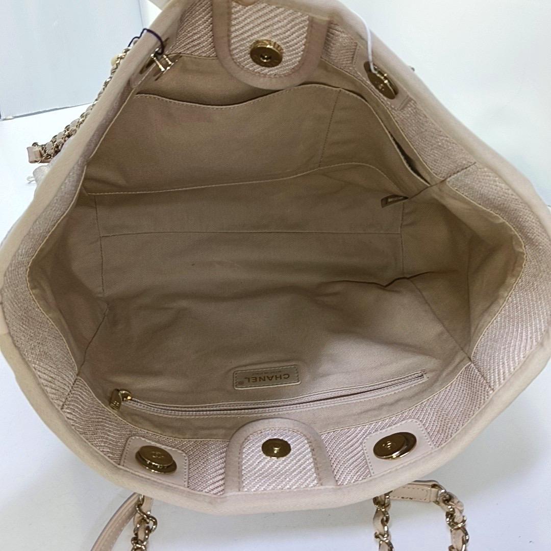 Chanel Deauville Tote Light Pink Cloth Leather Chain Strap Small 34cm 1