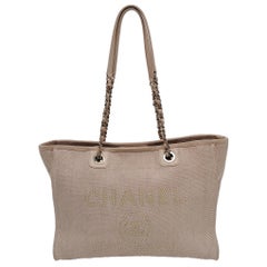 Chanel Deauville Tote Light Pink Cloth Leather Chain Strap Small 34cm