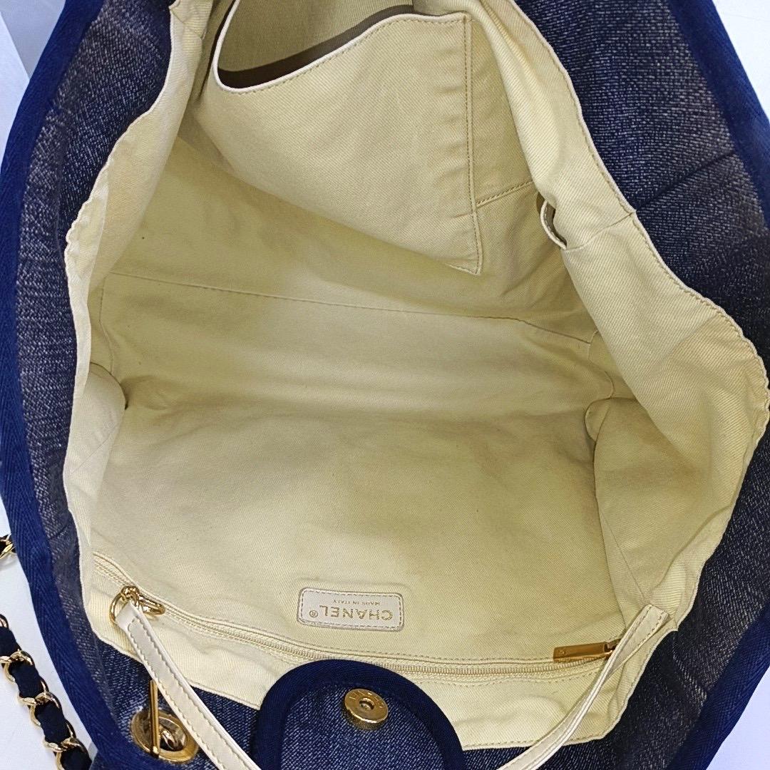 Chanel Deauville Tote Medium Navy Denim Top Handle Leather Chain Straps For Sale 1