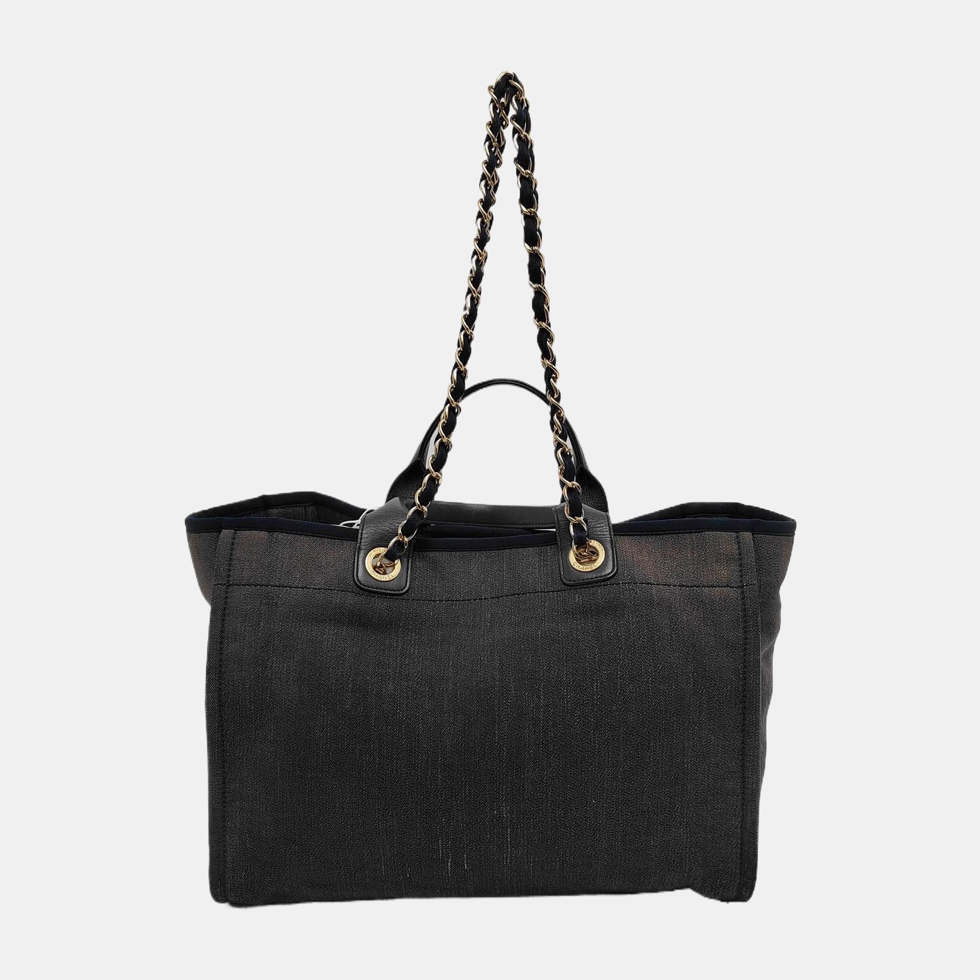 Chanel Deauville Tote Medium Navy Denim Top Handle Leather Chain Straps For Sale 2