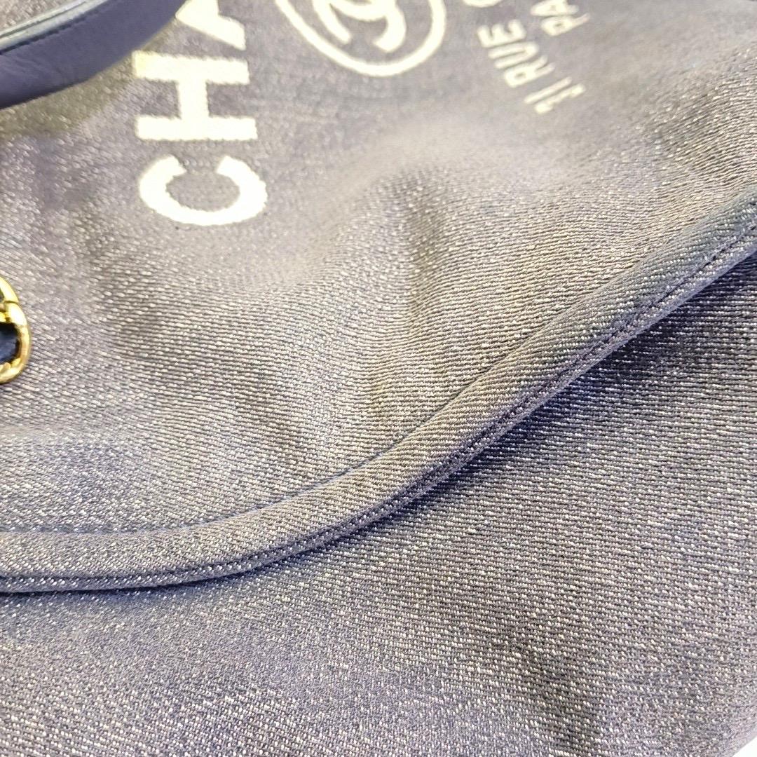Chanel Deauville Tote Medium Navy Denim Top Handle Leather Chain Straps For Sale 4