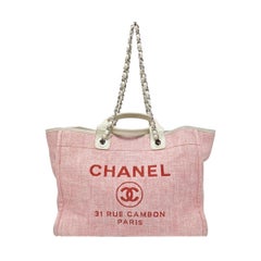 Chanel Deauville Tote Medium Pink Denim White Leather Top Handle