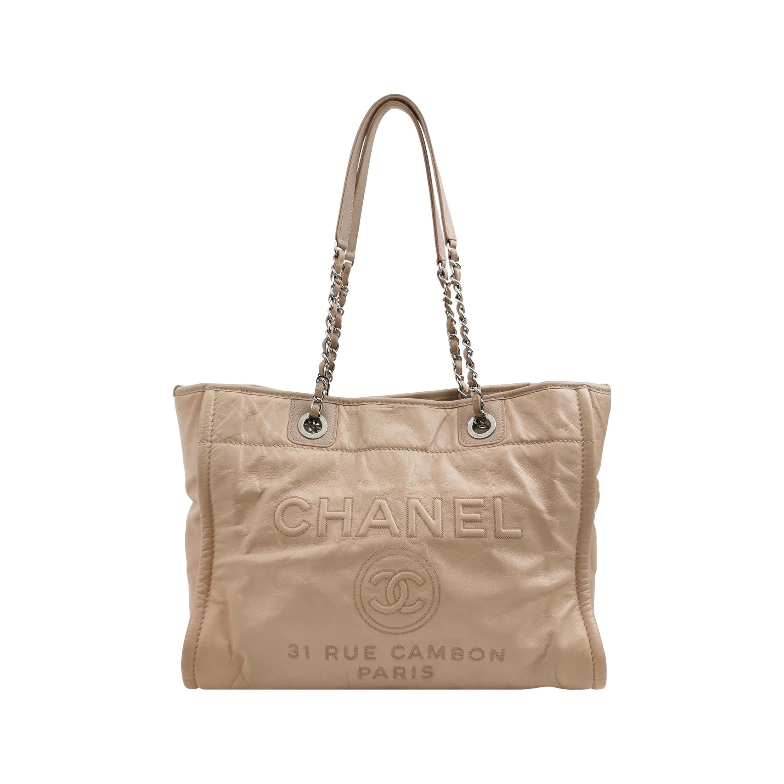 Chanel Deauville Tote Medium Pink Leather Leather Chain Straps