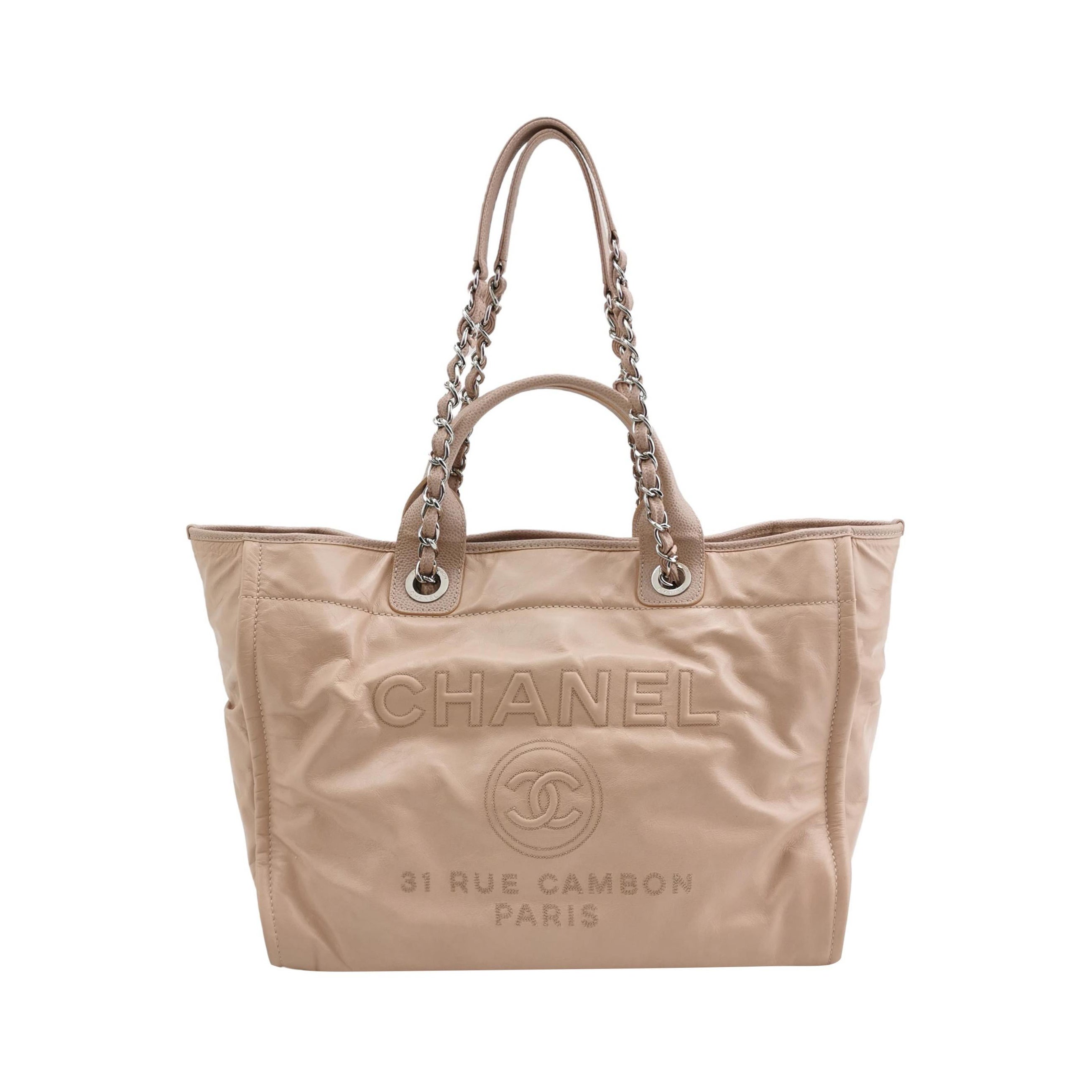 Chanel Deauville Tote Medium Pink Leather Top Handle Leather Chain Straps