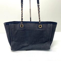 Chanel Deauville Tote Navy Denim Cloth Leather Chain Strap Small 34cm