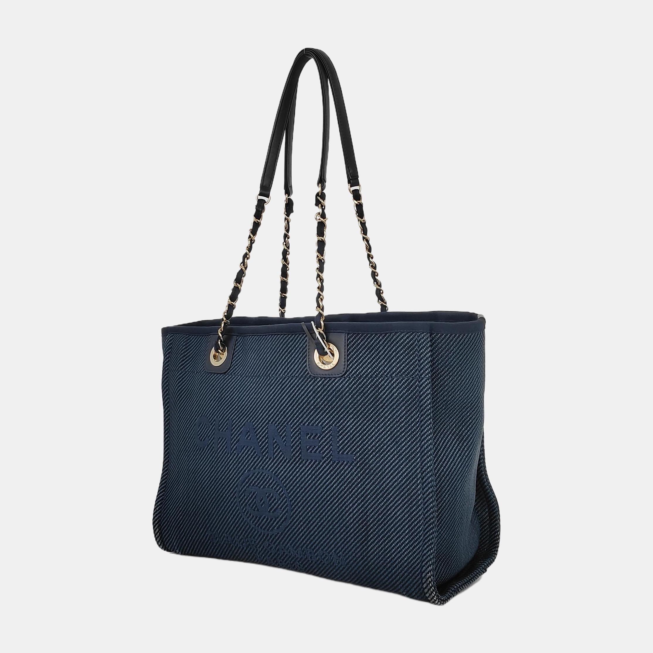 Black Chanel Deauville Tote Navy Denim Cloth Leather Chain Strap Small 34cm For Sale