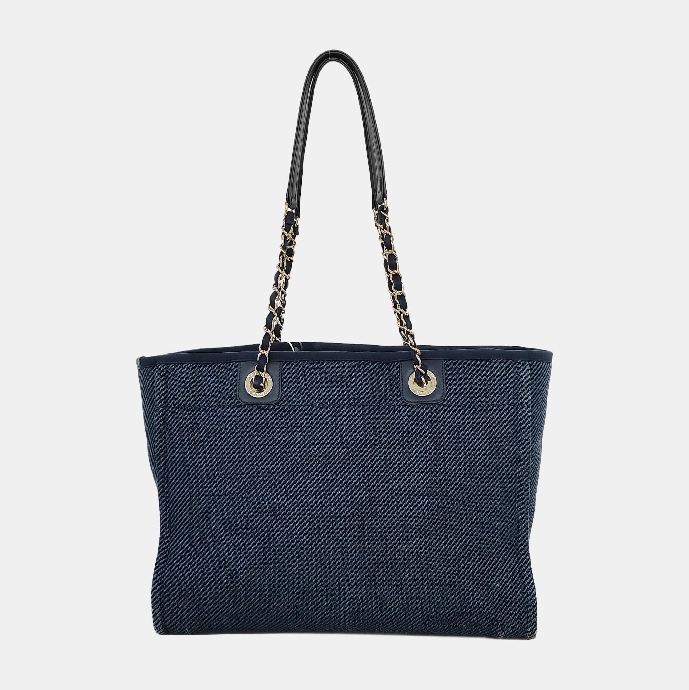 Chanel Deauville Tote Navy Denim Cloth Leather Chain Strap Small 34cm For Sale 1