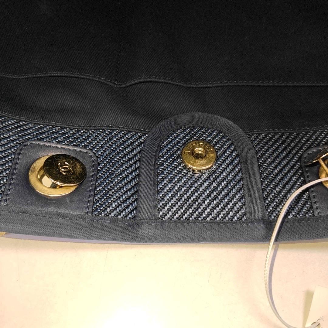 Chanel Deauville Tote Navy Denim Cloth Leather Chain Strap Small 34cm For Sale 4