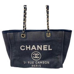 Chanel Deauville Tote Navy Denim Cloth Leather Chain Strap Small 34cm