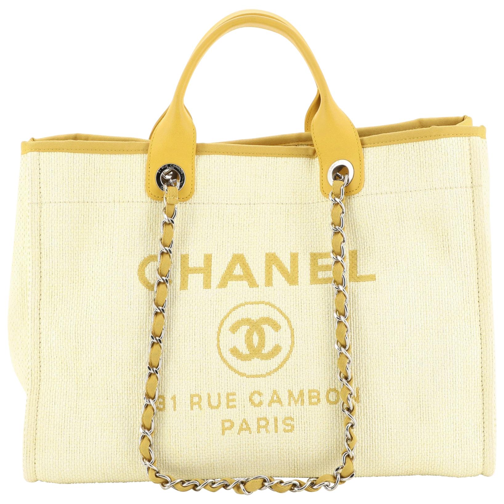 Cambon Chanel Yellow Deauville MM Canvas & leather chain tote bag
