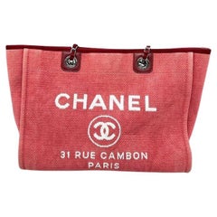 Used Chanel Deauville Tote Red Canvas with Metelasse Chain
