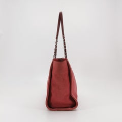 Chanel Deauville Tote Red Cloth Leather Chain Strap Small 34cm