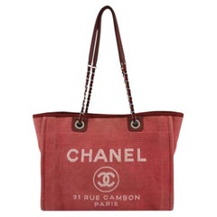 Chanel Deauville Tote Red Cloth Leather Chain Strap Small 34cm