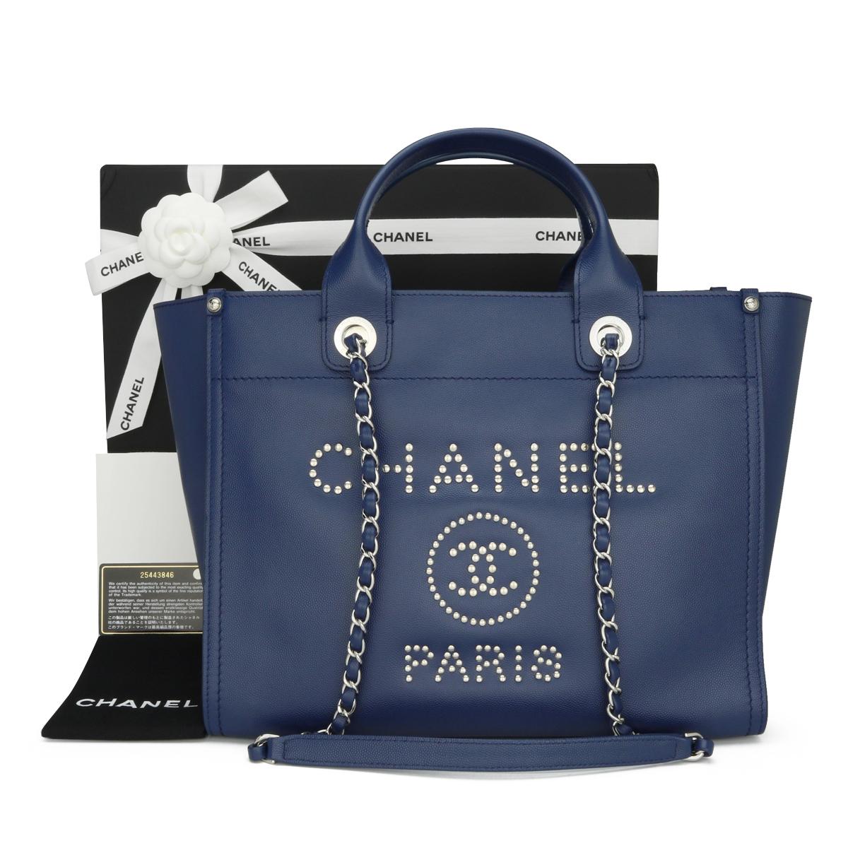 CHANEL Deauville Tote Small Navy Blue Caviar Studded with Silver Hardware 2018 – 18P.

This stunning bag is in immaculate condition. It still keeps its original shape, and the leather smells fresh, as if new.

One of the most sought after Chanel