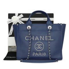 CHANEL Deauville Tote Small Navy Blue Caviar Studded with Silver Hardware 2018