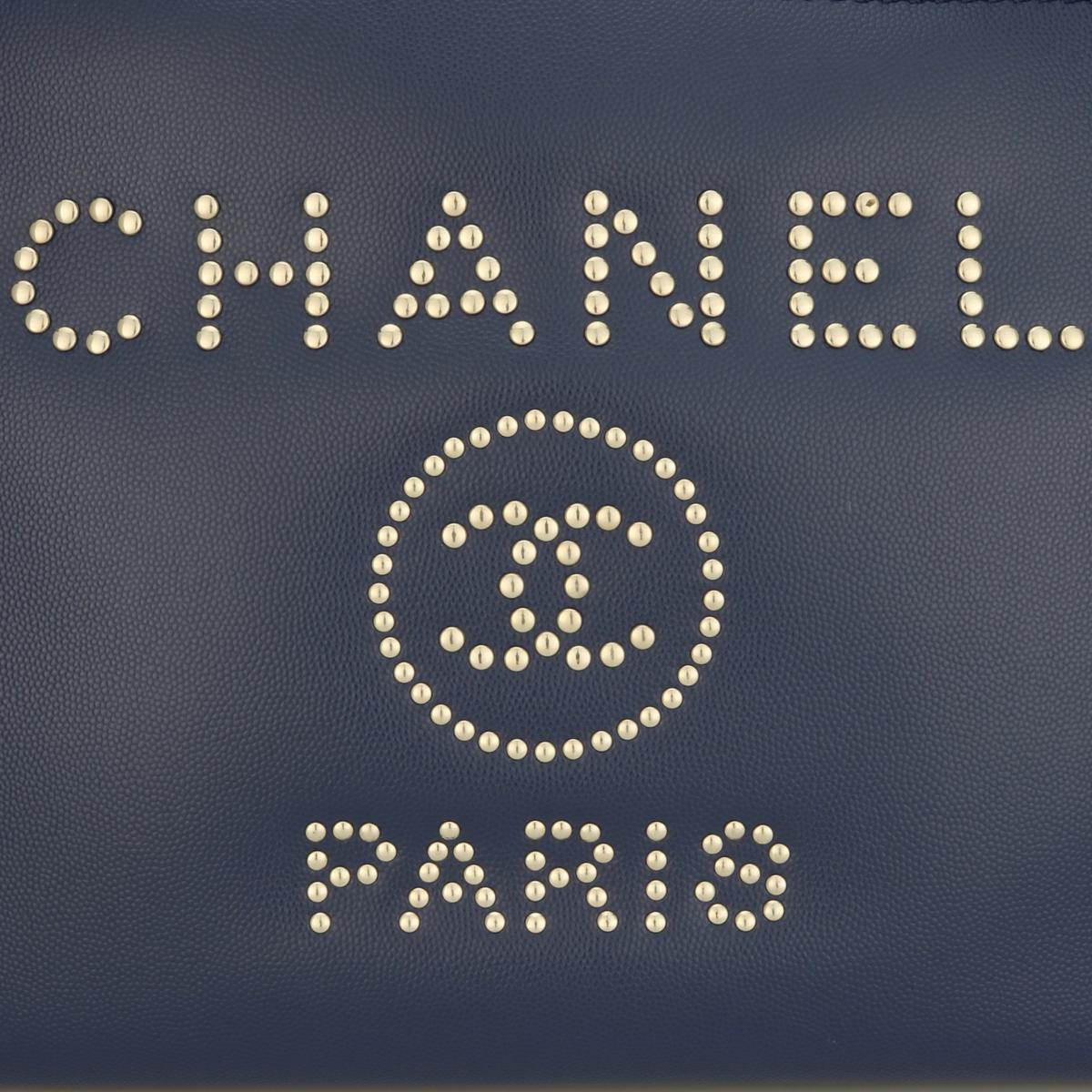 Women's or Men's CHANEL Deauville Tote Small Navy Blue Caviar Studded with Silver Hardware 2018 For Sale