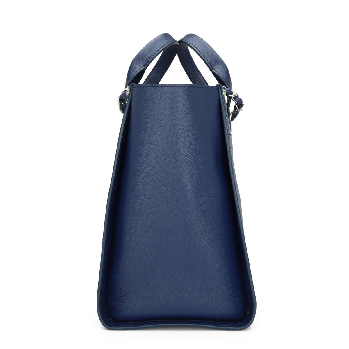 Women's or Men's CHANEL Deauville Tote Small Navy Blue Caviar Studded with Silver Hardware 2018 For Sale