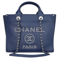 Used CHANEL Deauville Tote Small Navy Blue Caviar Studded with Silver Hardware 2018