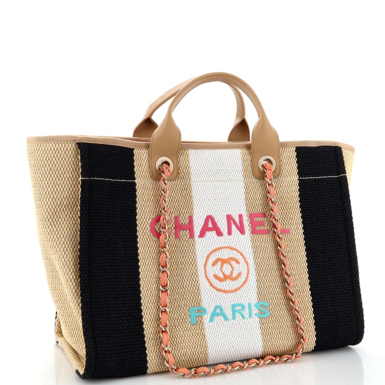 Chanel Deauville Tote Striped Viscose Canvas Medium For Sale at