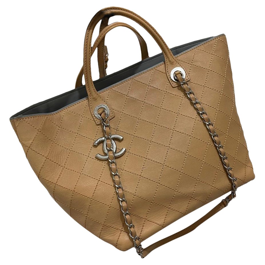 Chanel Deauville Tote Wild Stitch Beige Leather Silver Hardware