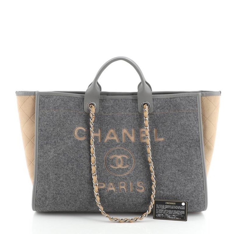 Chanel Beige, Grey And Black Calfskin And Canvas Deauville
