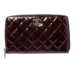 Chanel Deep Burgundy Quilted Patent Leather CC Zip Around Wallet Organizer
