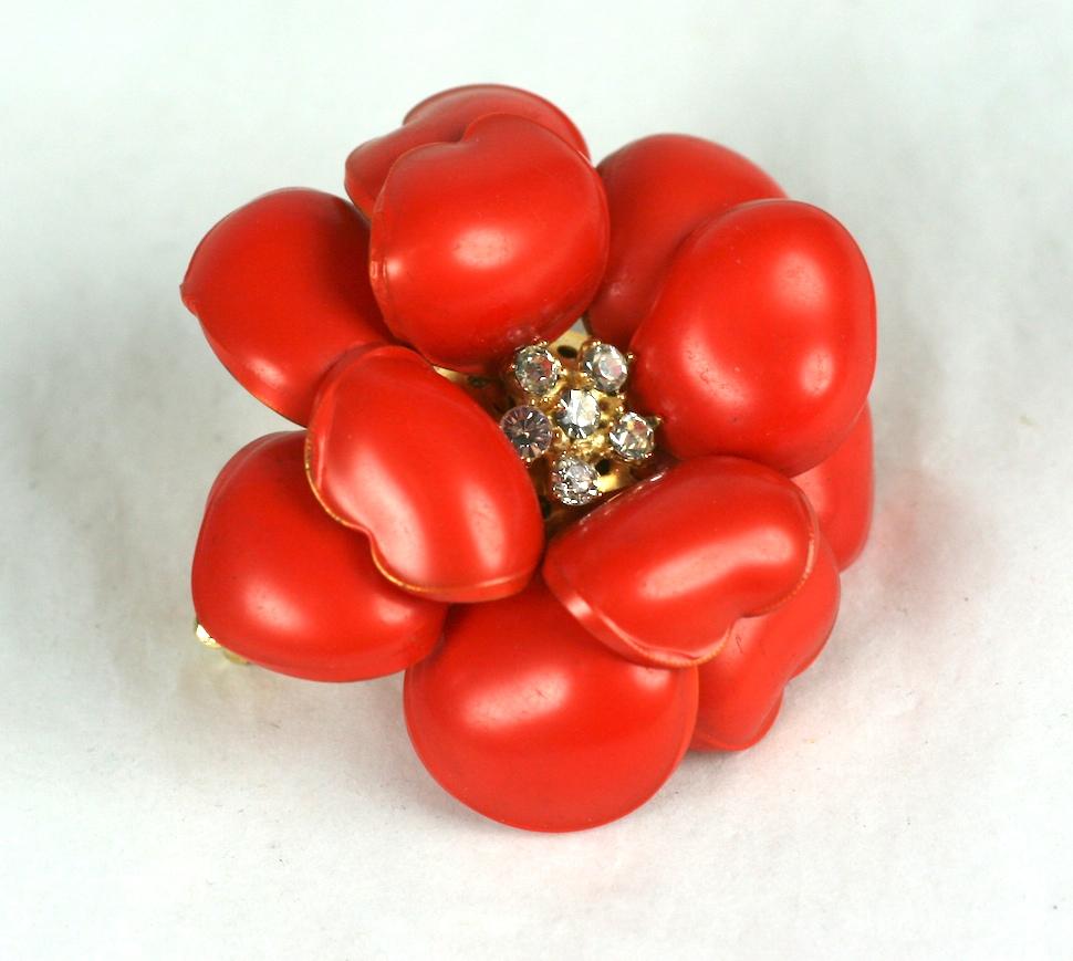  Maison Gripoix for Chanel Deep Coral Nacre Camellia Pendant Brooch In Excellent Condition For Sale In New York, NY