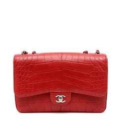 Chanel Deep Red Crocodile Jumbo Classic Flap Bag with Silver Hardware
