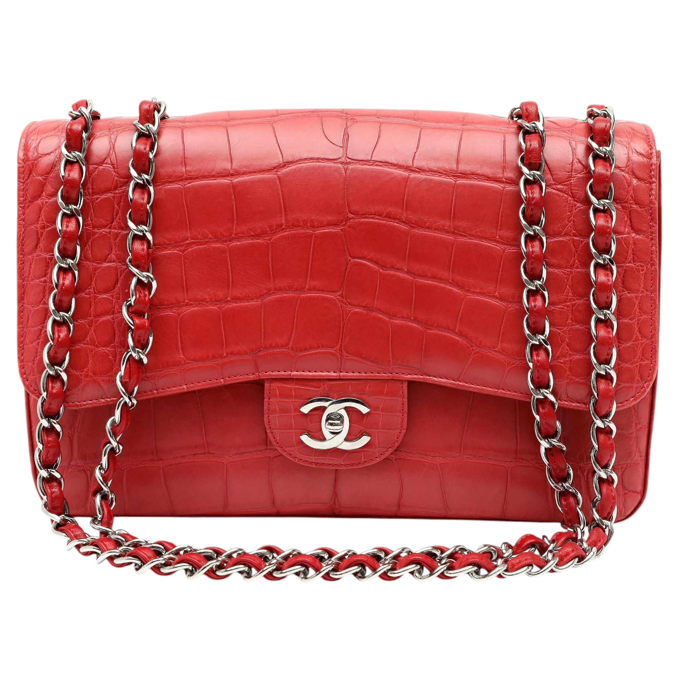 Chanel Deep Red Crocodile Jumbo Classic Flap Bag with Silver Hardware
