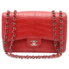 Chanel Deep Red Crocodile Jumbo Classic Flap Bag with Silver Hardware