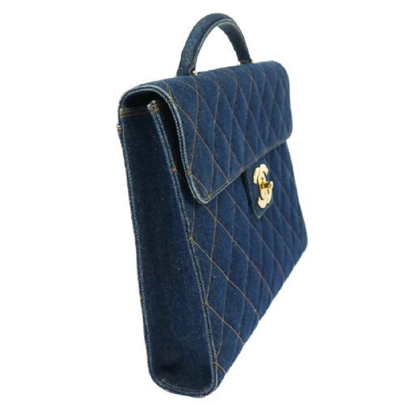Black CHANEL Denim Blue Jean Quilted Gold CC Top Handle Carryall Travel Briefcase Bag