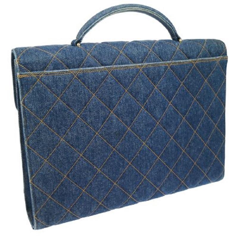 CHANEL Denim Blue Jean Quilted Gold CC Top Handle Carryall Travel Briefcase Bag In Good Condition In Chicago, IL