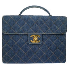 CHANEL Denim Blue Jean Quilted Gold CC Top Handle Carryall Travel Briefcase Bag