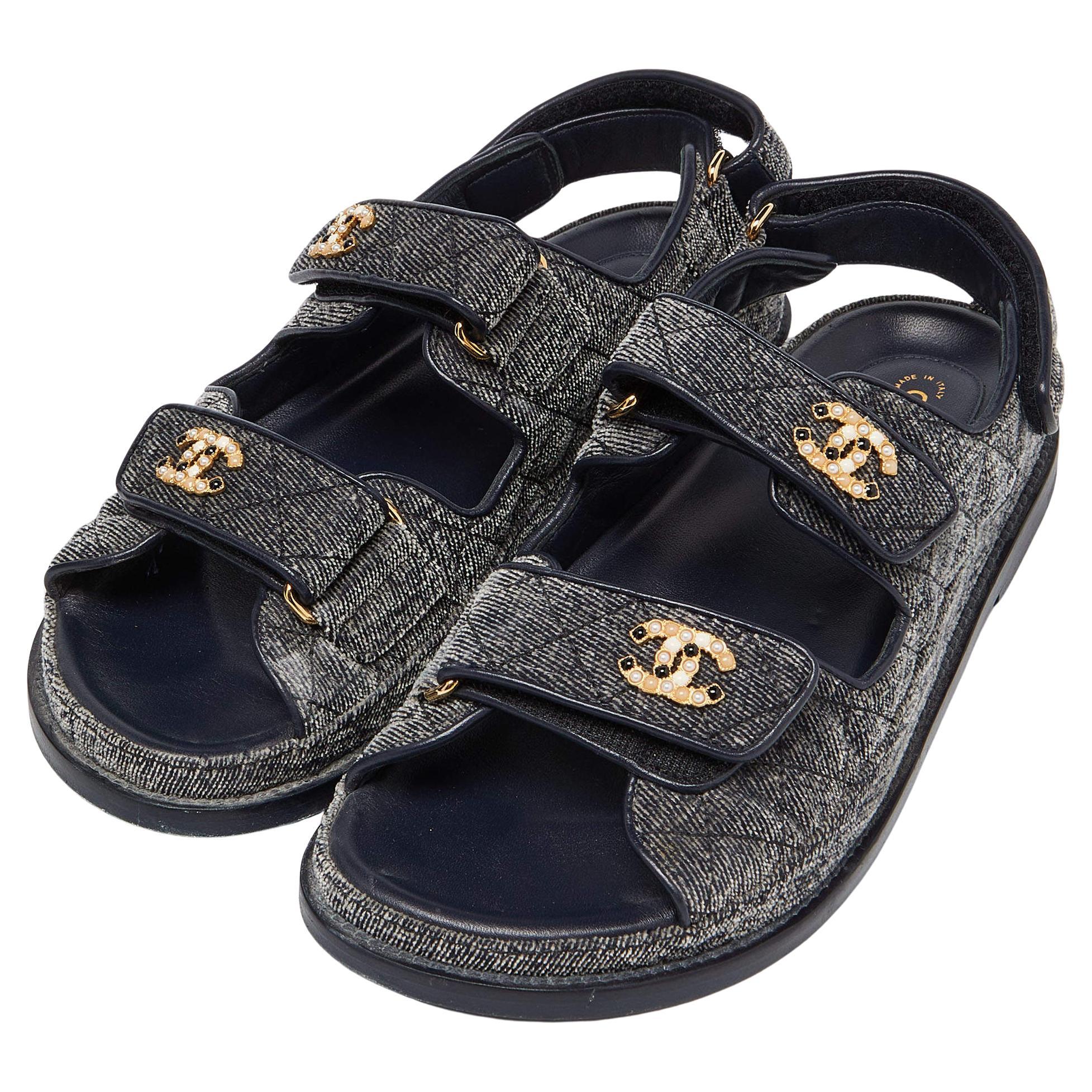 Women's Chanel Denim Grey Velvet Pearl CC Dad Sandals Size 40 New in Box For Sale