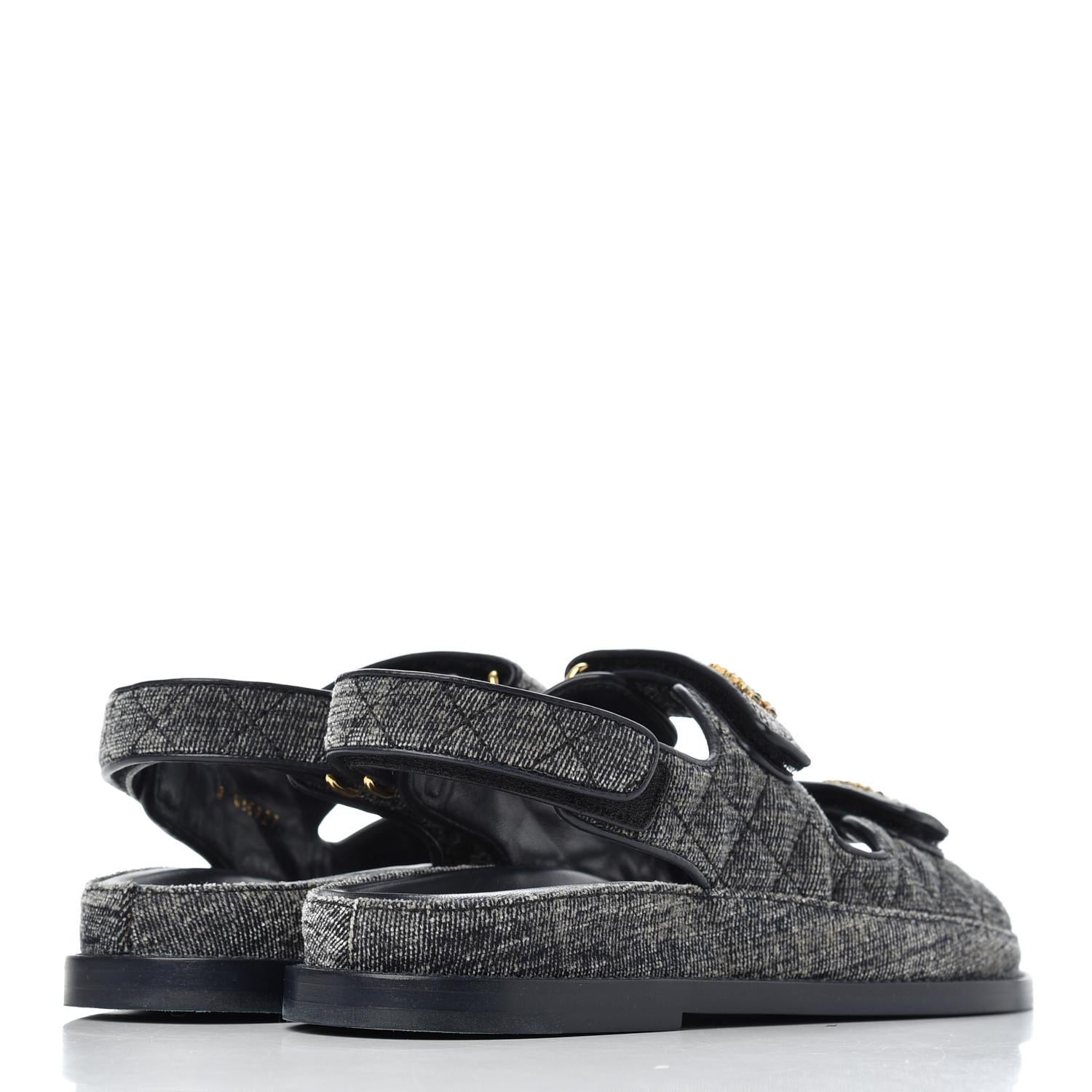 Chanel Denim Grey Velvet Pearl CC Dad Sandals Size 40 New in Box For Sale 1